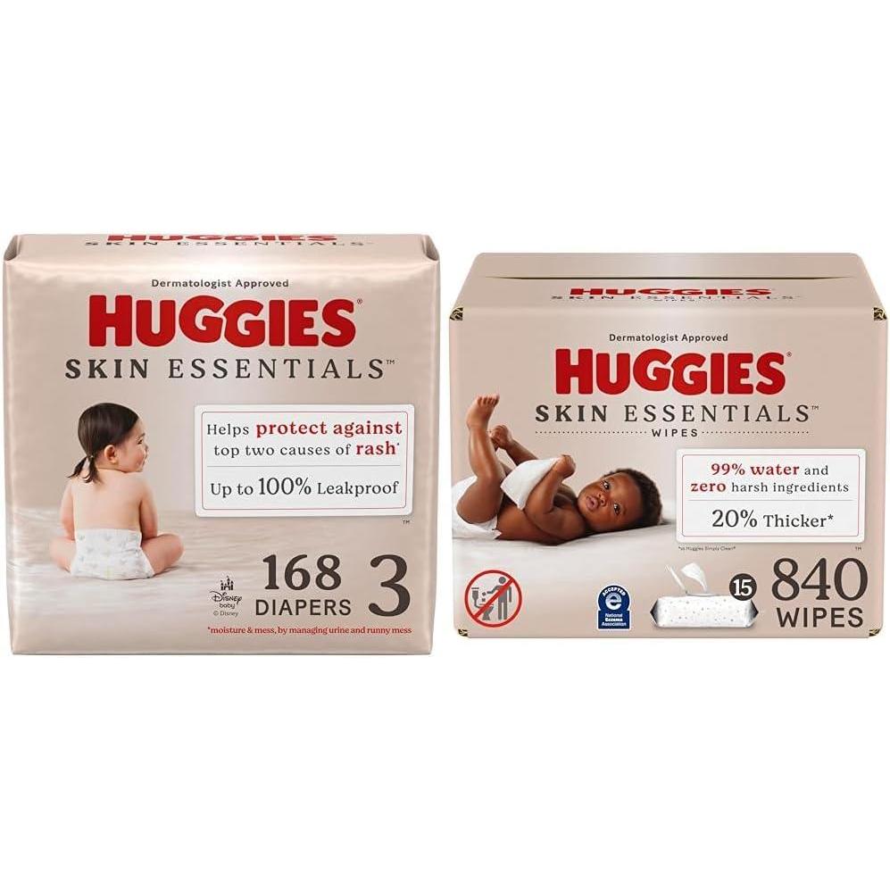 image:imageHuggies Skin Essentials Bundle Huggies Skin Essentials Baby Diapers Size 6 35 lbs 108 Count amp Baby Wipes 15 FlipTop Packs 840 Count 15 Packs of 56Size 3