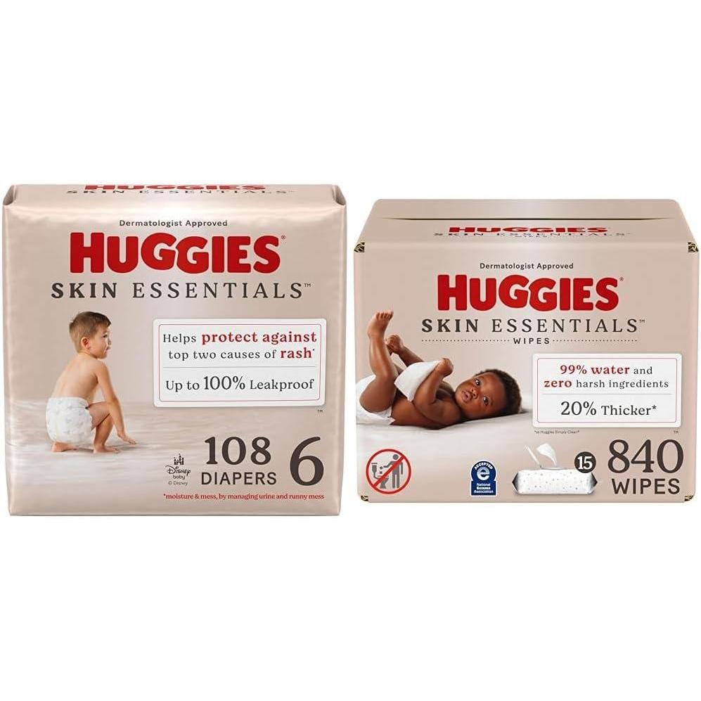 image:imageHuggies Skin Essentials Bundle Huggies Skin Essentials Baby Diapers Size 6 35 lbs 108 Count amp Baby Wipes 15 FlipTop Packs 840 Count 15 Packs of 56Size 6