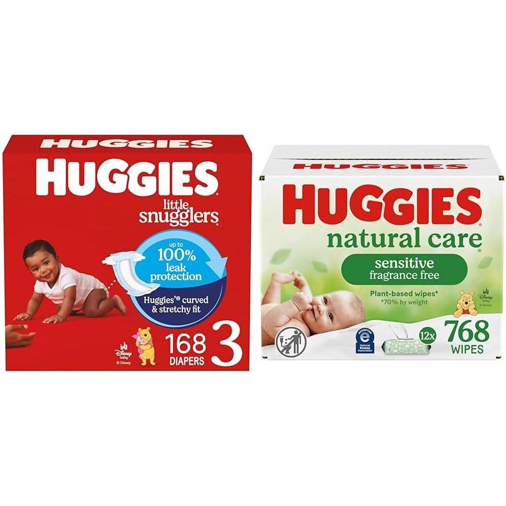image:imageLittle Snugglers Bundle Huggies Little Snugglers Baby Diapers Size 1 814 lbs 396 Count 2 Packs of 198 amp Huggies Natural Care Sensitive Baby Wipes 768 Count 12 Packs of 64Size 3