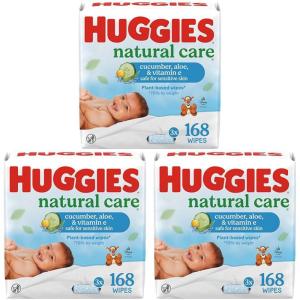 Huggies Natural Care Cucumber, Aloe and Vitamin E Baby Wipes, Hypoallergenic, Scented, 3 Flip-Top Packs (168 Wipes Total), Packaging May Vary(56 Count (Pack of 9))