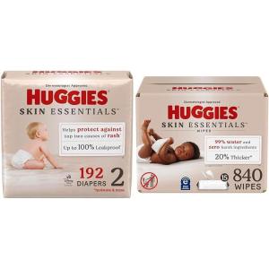 Huggies Skin Essentials Bundle: Huggies Skin Essentials Baby Diapers, Size 6 (35+ lbs), 108 Count & Baby Wipes, 15 Flip-Top Packs, 840 Count (15 Packs of 56)(Size 2)