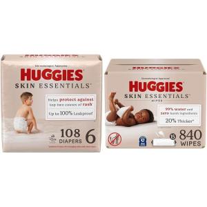 Huggies Skin Essentials Bundle: Huggies Skin Essentials Baby Diapers, Size 6 (35+ lbs), 108 Count & Baby Wipes, 15 Flip-Top Packs, 840 Count (15 Packs of 56)(Size 6)