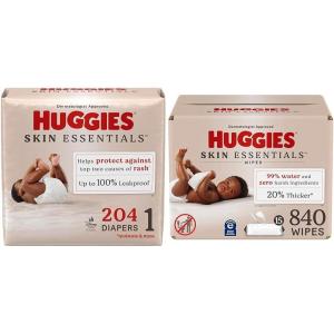 Huggies Skin Essentials Bundle: Huggies Skin Essentials Baby Diapers, Size 6 (35+ lbs), 108 Count & Baby Wipes, 15 Flip-Top Packs, 840 Count (15 Packs of 56)(Size 1)