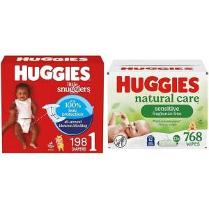 Little Snugglers Bundle: Huggies Little Snugglers Baby Diapers, Size 1 (8-14 lbs), 396 Count (2 Packs of 198) & Huggies Natural Care Sensitive Baby Wipes, 768 Count (12 Packs of 64)(Size 1)