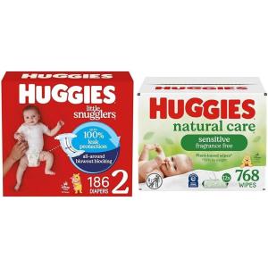 Little Snugglers Bundle: Huggies Little Snugglers Baby Diapers, Size 1 (8-14 lbs), 396 Count (2 Packs of 198) & Huggies Natural Care Sensitive Baby Wipes, 768 Count (12 Packs of 64)(Size 2)