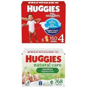 Little Snugglers Bundle: Huggies Little Snugglers Baby Diapers, Size 1 (8-14 lbs), 396 Count (2 Packs of 198) & Huggies Natural Care Sensitive Baby Wipes, 768 Count (12 Packs of 64)(Size 4)