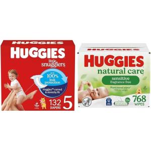 Little Snugglers Bundle: Huggies Little Snugglers Baby Diapers, Size 1 (8-14 lbs), 396 Count (2 Packs of 198) & Huggies Natural Care Sensitive Baby Wipes, 768 Count (12 Packs of 64)(Size 5)