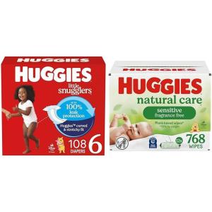 Little Snugglers Bundle: Huggies Little Snugglers Baby Diapers, Size 1 (8-14 lbs), 396 Count (2 Packs of 198) & Huggies Natural Care Sensitive Baby Wipes, 768 Count (12 Packs of 64)(Size 6)
