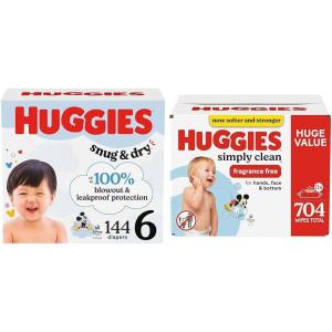 Snug & Dry Bundle: Huggies Snug & Dry Baby Diapers, Size 2 (12-18 lbs), 234 Count & Huggies Simply Clean Unscented Baby Wipes, 11 Flip-Top Packs, 704 Count (11 Packs of 64)(Size 6)