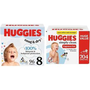 Snug & Dry Bundle: Huggies Snug & Dry Baby Diapers, Size 2 (12-18 lbs), 234 Count & Huggies Simply Clean Unscented Baby Wipes, 11 Flip-Top Packs, 704 Count (11 Packs of 64)(Size 8)
