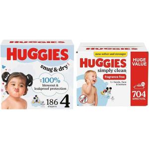 Snug & Dry Bundle: Huggies Snug & Dry Baby Diapers, Size 2 (12-18 lbs), 234 Count & Huggies Simply Clean Unscented Baby Wipes, 11 Flip-Top Packs, 704 Count (11 Packs of 64)(Size 4)
