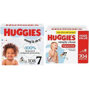 Snug & Dry Bundle: Huggies Snug & Dry Baby Diapers, Size 2 (12-18 lbs), 234 Count & Huggies Simply Clean Unscented Baby Wipes, 11 Flip-Top Packs, 704 Count (11 Packs of 64)(Size 7)