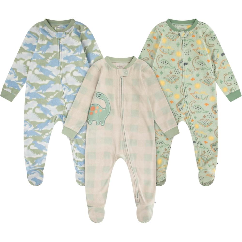 image:imageHUGGIES Baby 3pack Footed Fleece Coverall PajamasDesert SageDinos