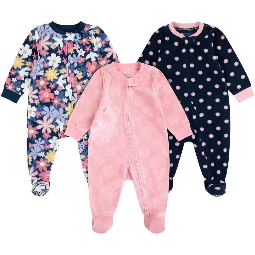 image:imageHUGGIES Baby 3pack Footed Fleece Coverall PajamasPigment BlueFlorals