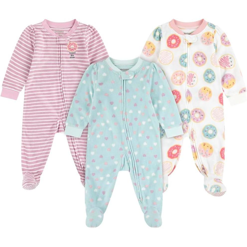 image:imageHUGGIES Baby 3pack Footed Fleece Coverall PajamasSnow WhiteDonuts