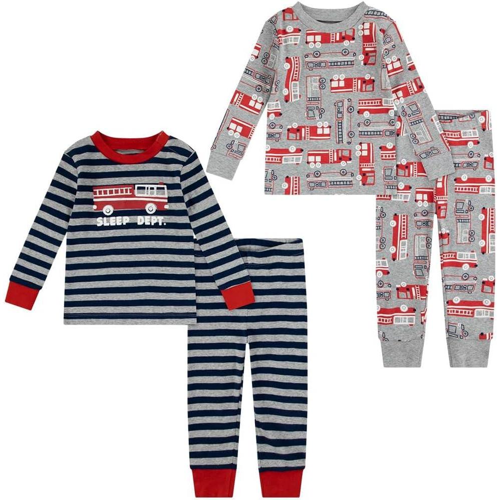 image:imageHUGGIES Baby Long Sleeve Pajama 4piece SetMid Grey HeatherFire Trucks